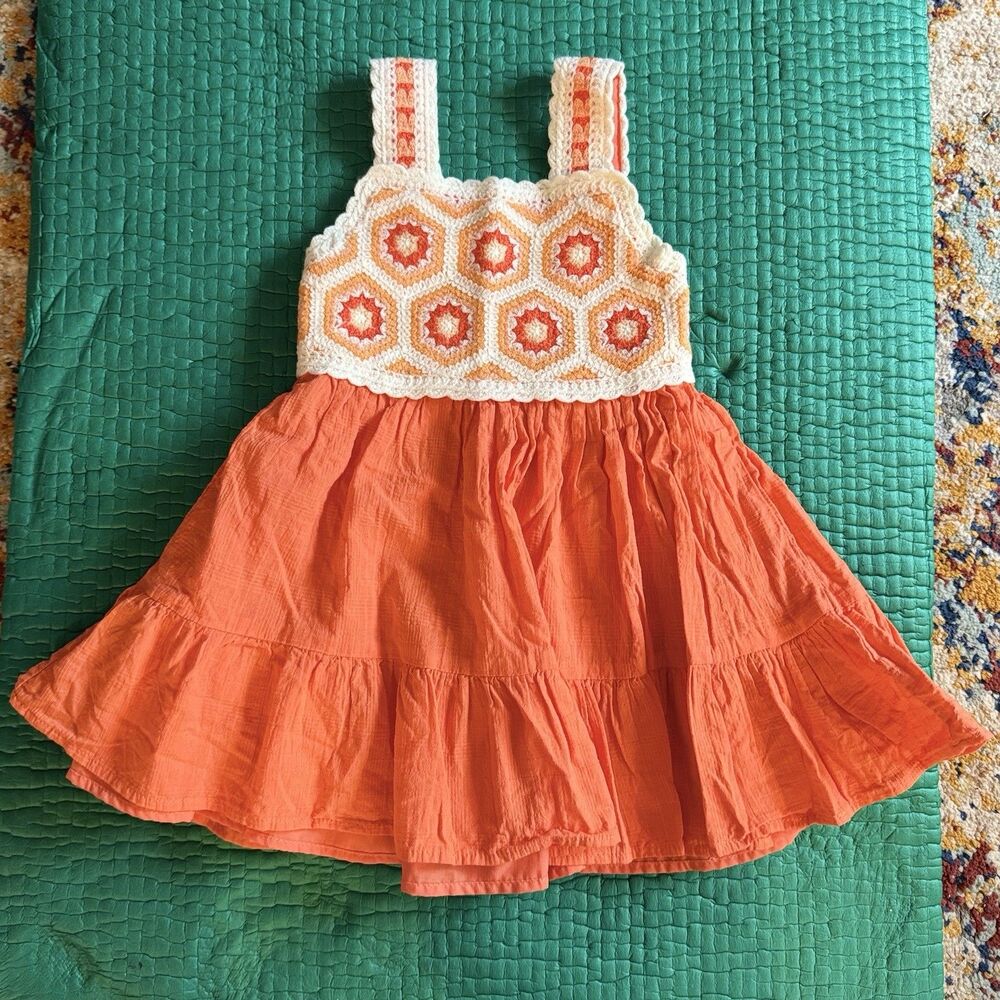 Haute Hippie Girls Crochet & Ruffle Dress Orange Ivory 3T Classic Summer Cute EC